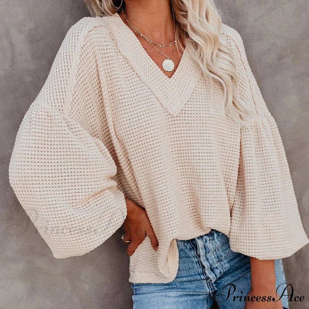 Autumn Knit V-Neck Long Lantern Sleeve Casual Sweater Beige / S