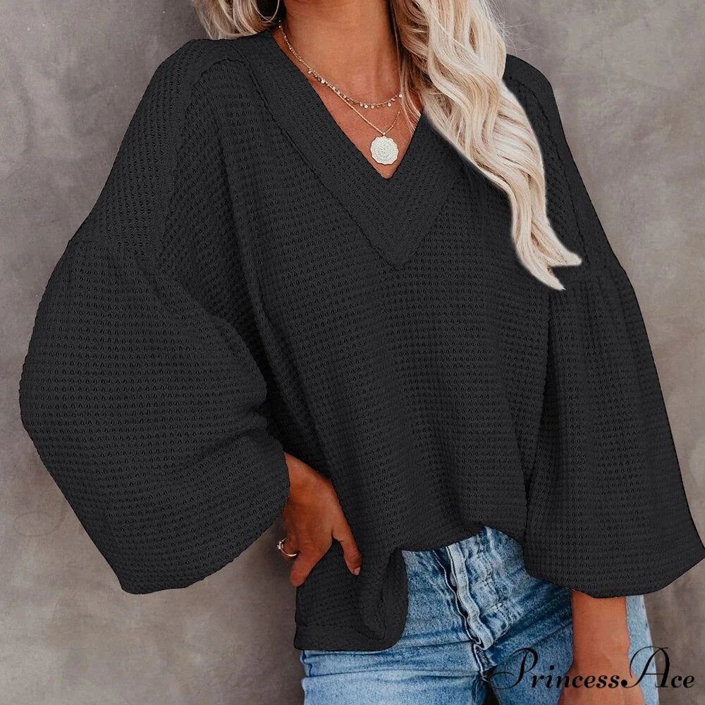 Autumn Knit V-Neck Long Lantern Sleeve Casual Sweater Black / S