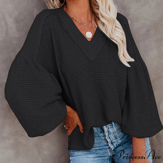 Autumn Knit V-Neck Long Lantern Sleeve Casual Sweater Black / S