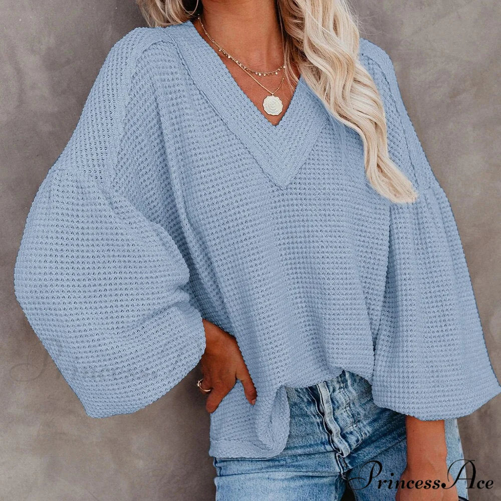 Autumn Knit V-Neck Long Lantern Sleeve Casual Sweater Blue / S