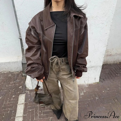 Autumn Leather Oversize Long Sleeve Turn-down Collar Fashion Casual Jacket Brown / S