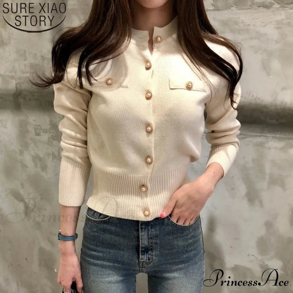Autumn Long Sleeve Fashion Knitted Casual Single Breasted Cardigan Beige / One Size