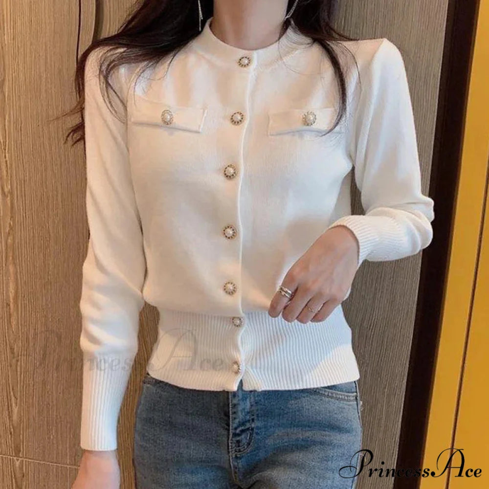 Autumn Long Sleeve Fashion Knitted Casual Single Breasted Cardigan WHITE / One Size