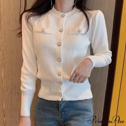 Autumn Long Sleeve Fashion Knitted Casual Single Breasted Cardigan WHITE / One Size
