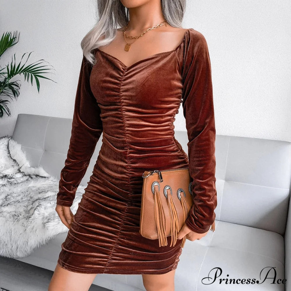 Autumn Long Sleeve Trendy Turtleneck Bodycon Mini Dress style 2 brown / S