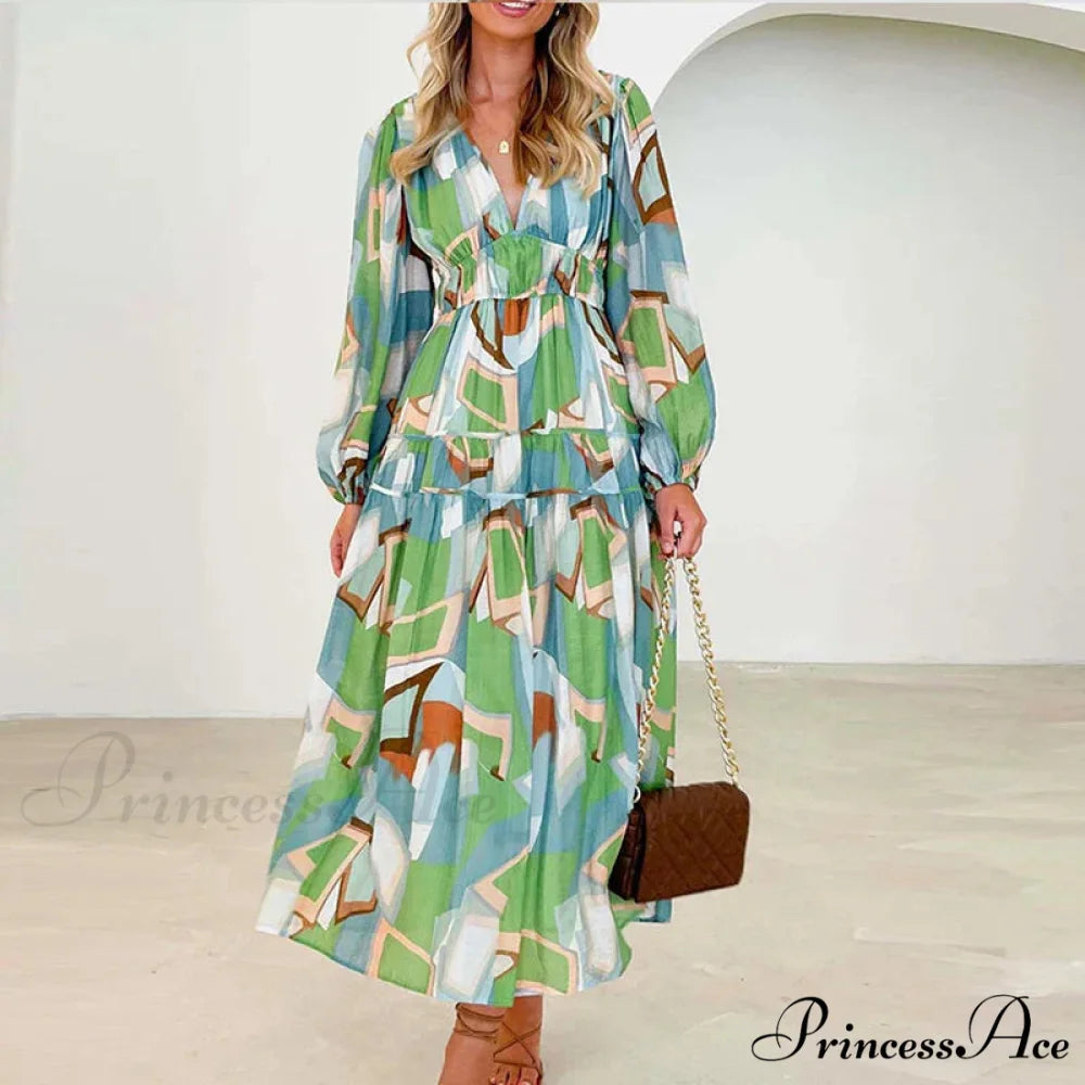Autumn Long Sleeved Pleated Maxi Dress Boho Dress GREEN / S