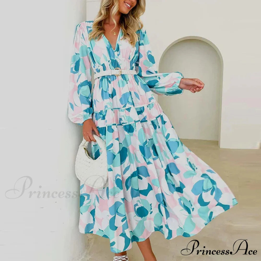 Autumn Long Sleeved Pleated Maxi Dress Boho Dress Lake Blue / S