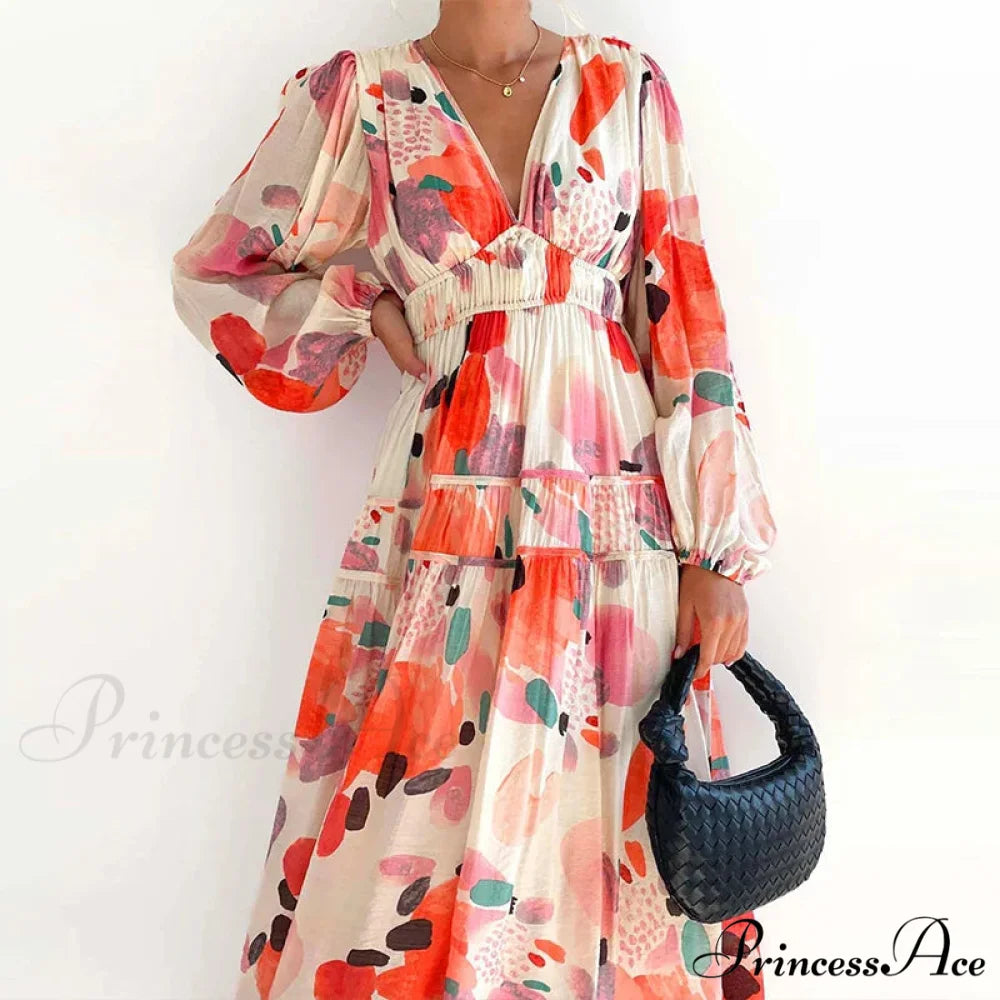 Autumn Long Sleeved Pleated Maxi Dress Boho Dress Orange Red / S