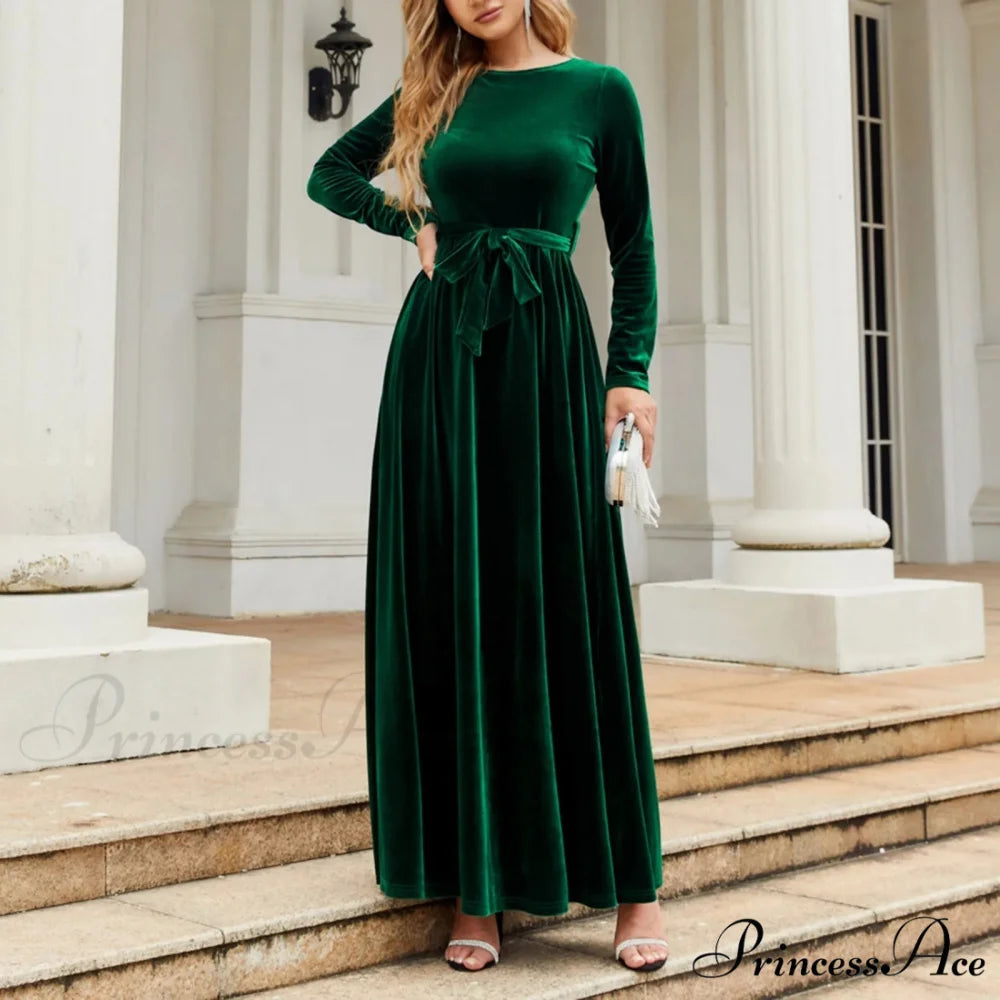 Autumn New Green Velvet Long Dress Elegant Vintage O-neck Lace-up Christmas Party Dress