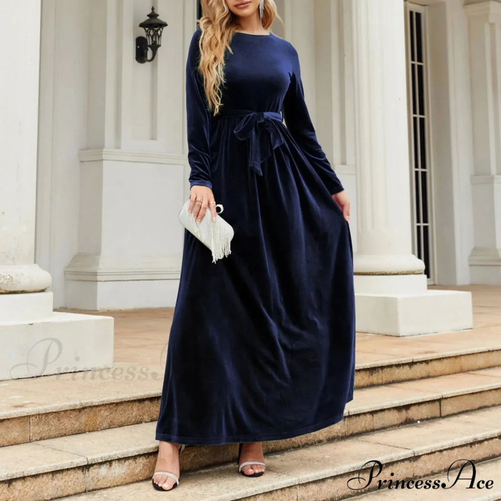 Autumn New Green Velvet Long Dress Elegant Vintage O-neck Lace-up Christmas Party Dress