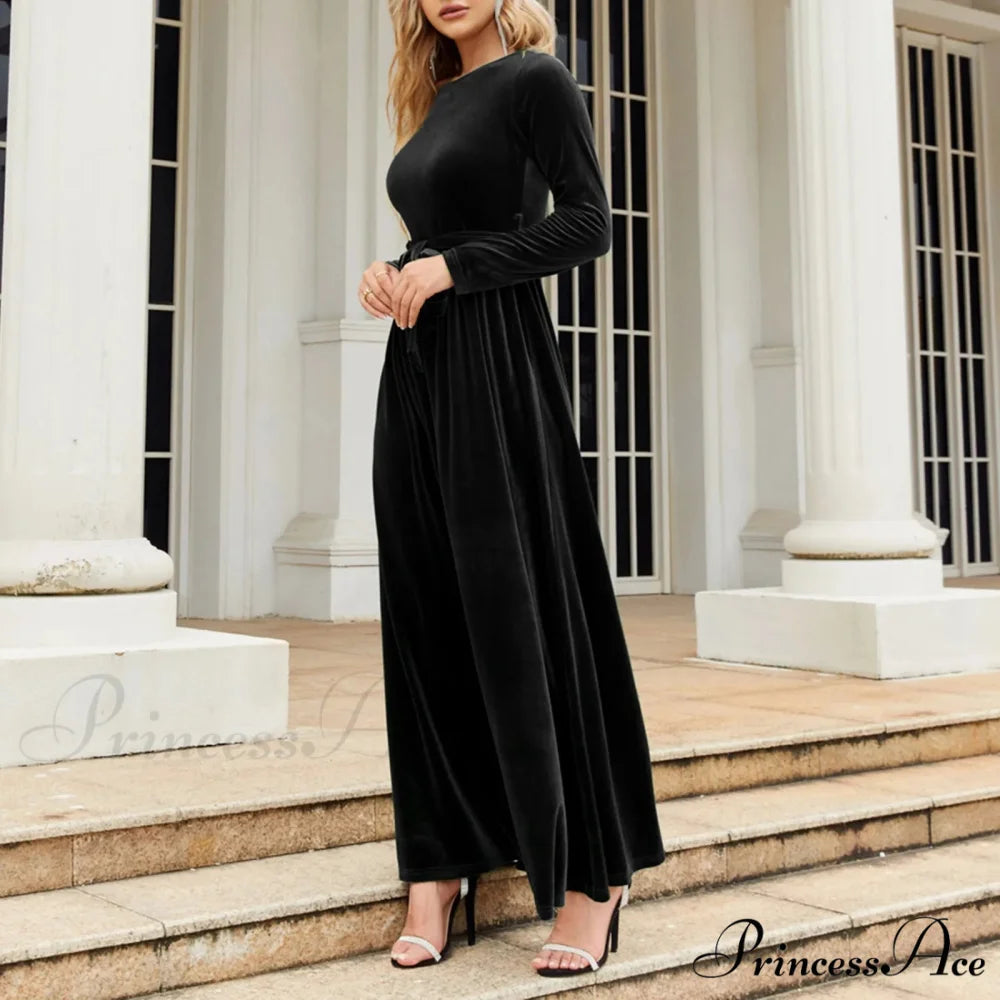 Autumn New Green Velvet Long Dress Elegant Vintage O-neck Lace-up Christmas Party Dress Black / S