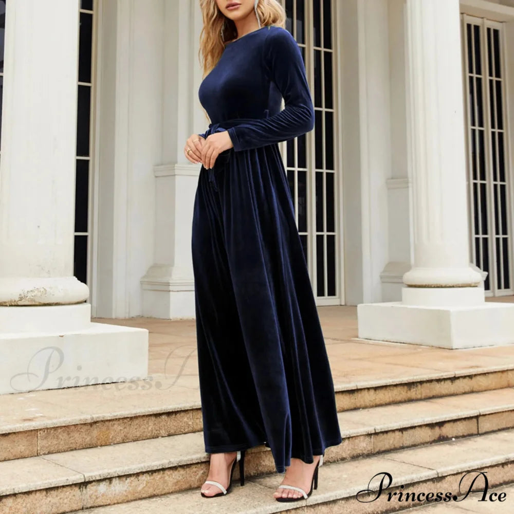 Autumn New Green Velvet Long Dress Elegant Vintage O-neck Lace-up Christmas Party Dress Blue / S