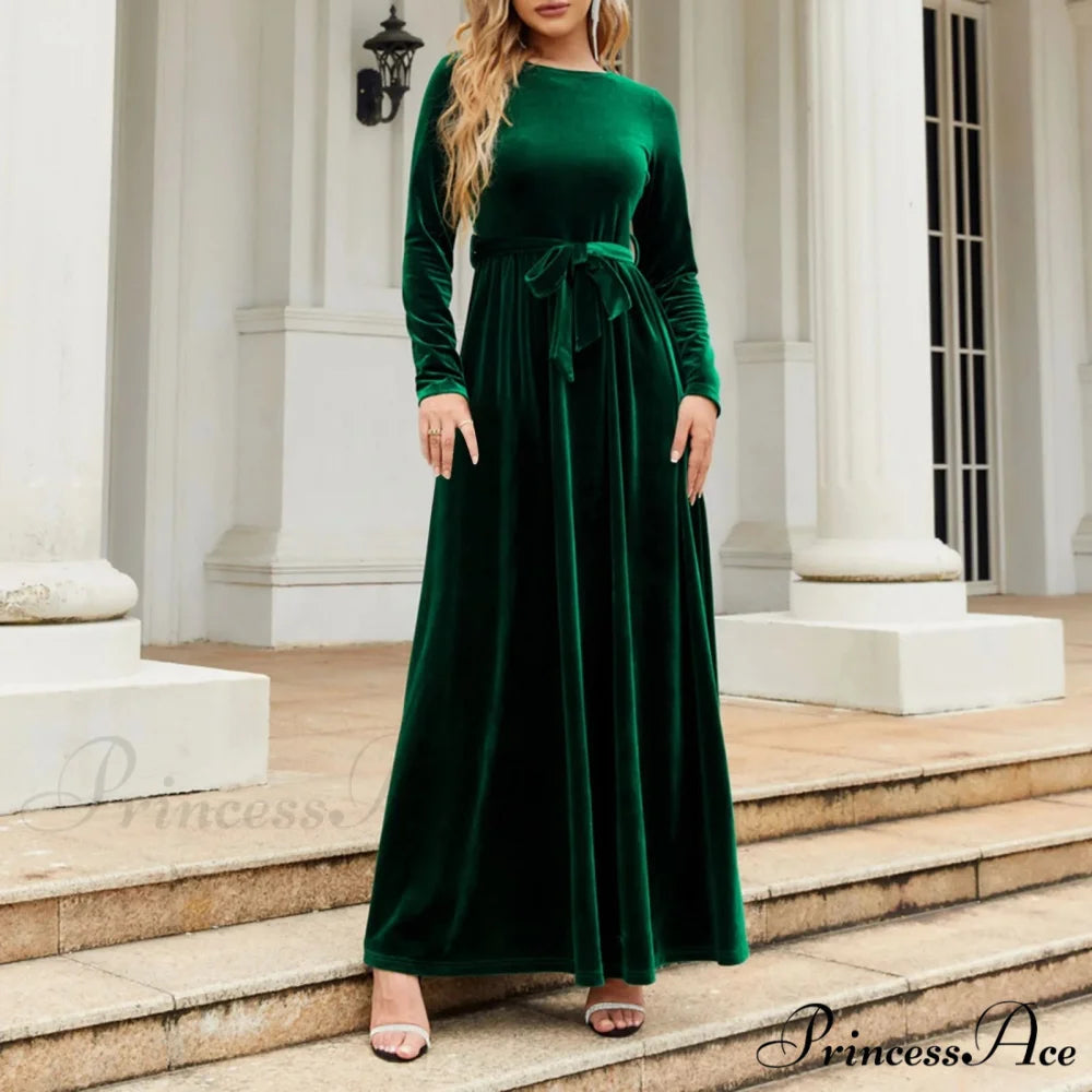 Autumn New Green Velvet Long Dress Elegant Vintage O-neck Lace-up Christmas Party Dress Green / S