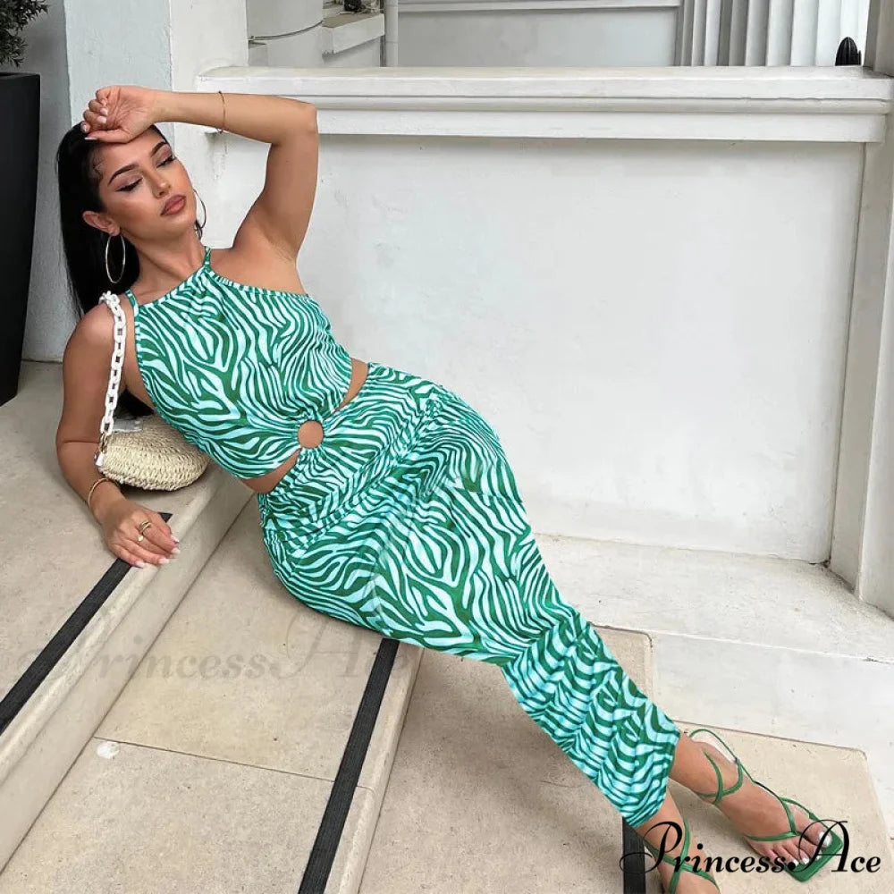 Autumn New Line Hanging Neck Circle Decoration Off Waist Print High Waist Slim Fit Mid Length Cut Out Dress