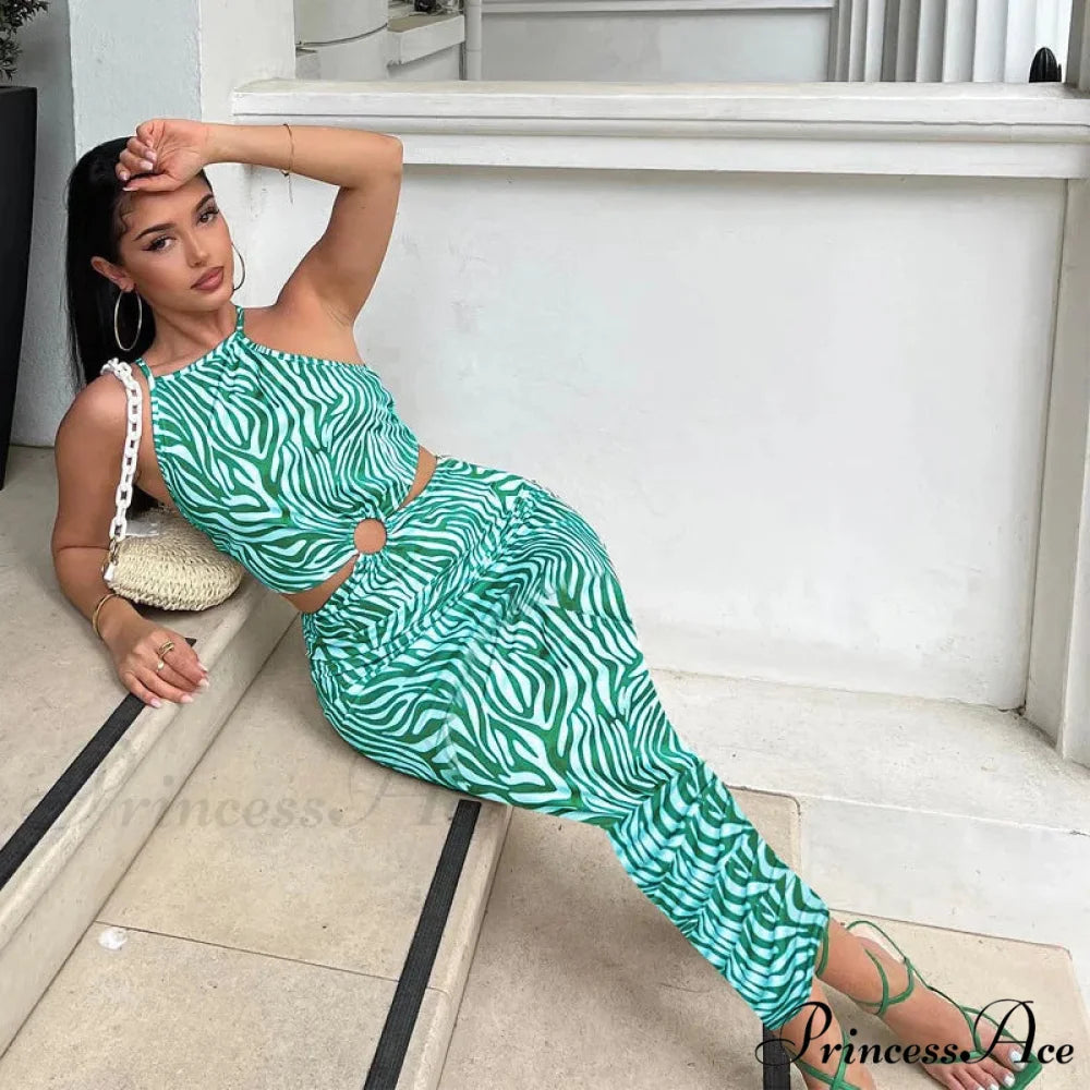 Autumn New Line Hanging Neck Circle Decoration Off Waist Print High Waist Slim Fit Mid Length Cut Out Dress