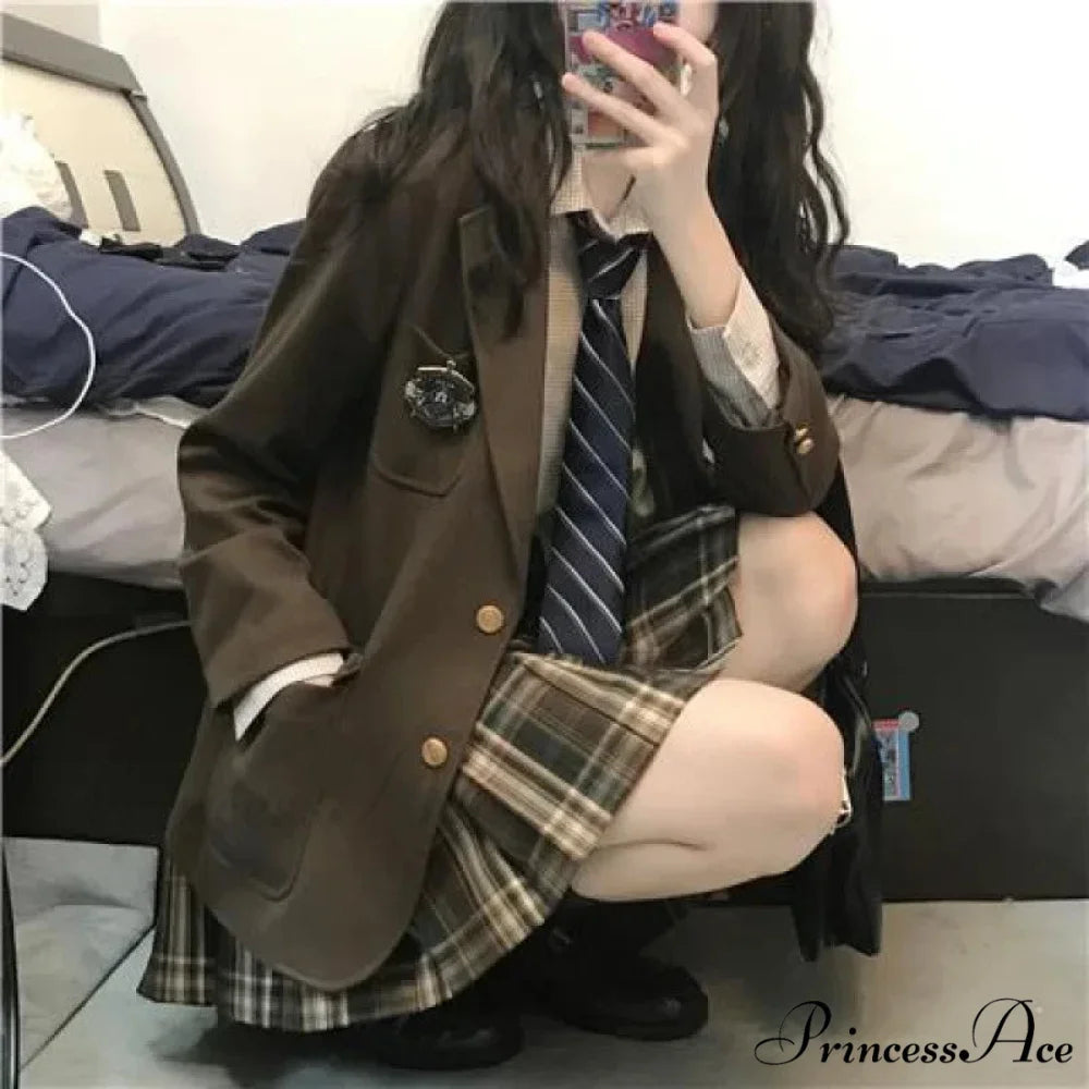 Autumn Preppy Style Foldable Skirt Jacket Shirt Suit