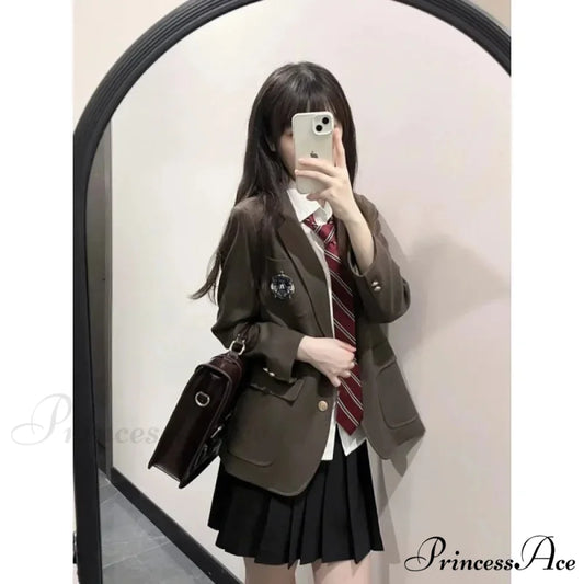 Autumn Preppy Style Foldable Skirt Jacket Shirt Suit BLACK / S
