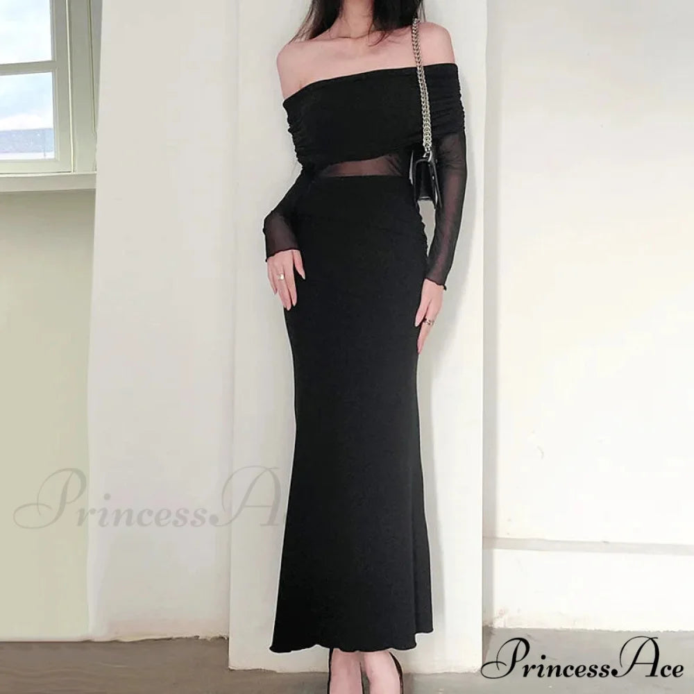 Autumn Sexy Strapless Black Lace Patchwork Long Streetwear Club Long Bodycon Dress