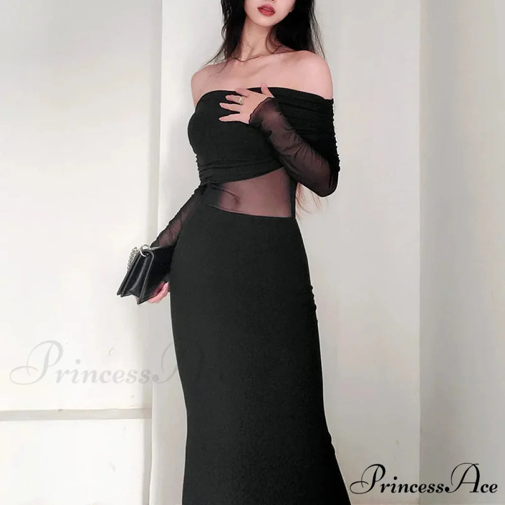 Autumn Sexy Strapless Black Lace Patchwork Long Streetwear Club Long Bodycon Dress