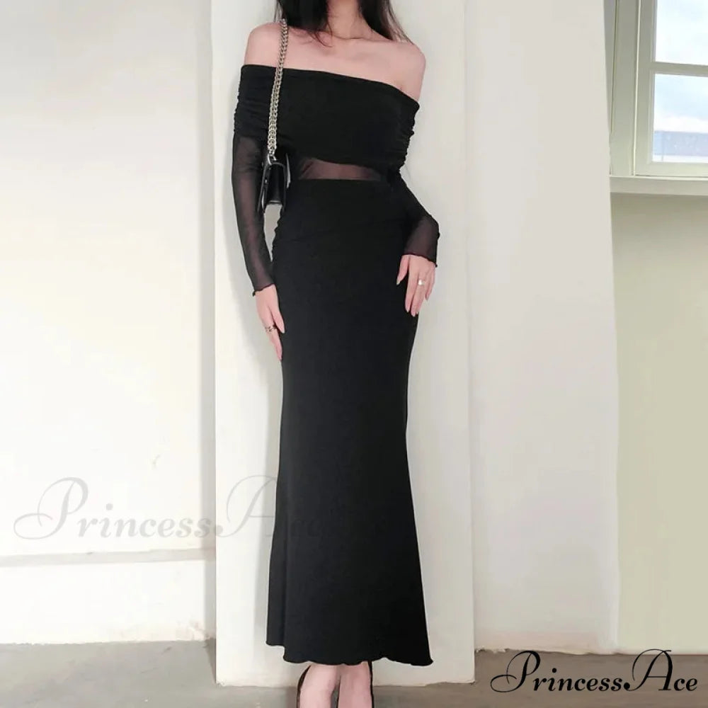 Autumn Sexy Strapless Black Lace Patchwork Long Streetwear Club Long Bodycon Dress