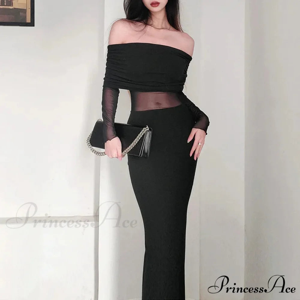 Autumn Sexy Strapless Black Lace Patchwork Long Streetwear Club Long Bodycon Dress