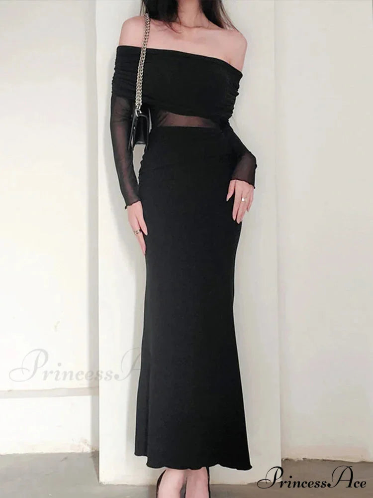 Autumn Sexy Strapless Black Lace Patchwork Long Streetwear Club Long Bodycon Dress Black / S