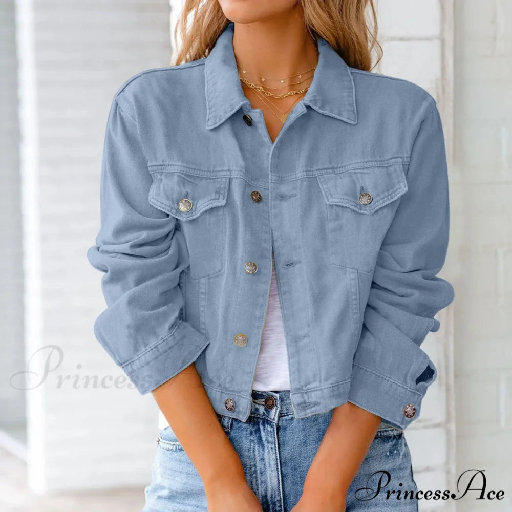 Autumn Short Slim Jeans Long Sleeve Lapel Pocket Chic Stylish Elegant Fashionable Denim Overcoat Winter Woman Jacket