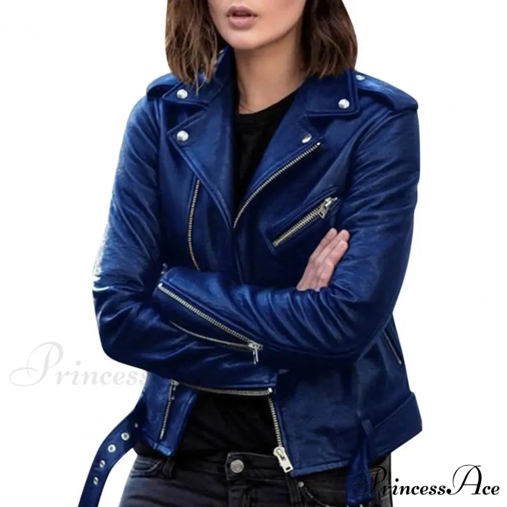 Autumn Short Solid Biker Thin Cool Faux Leather Jacket Blue / M