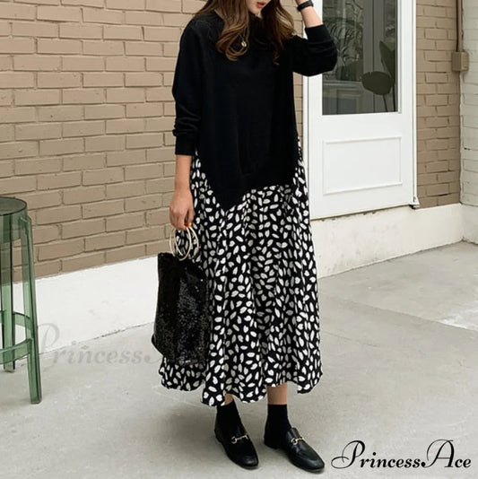 Autumn Size Gown Two Fake Gown Design Patchwork Piece T-Shirt Long Robe Arm Plus Women XL-5XL D08108R Black A / XL