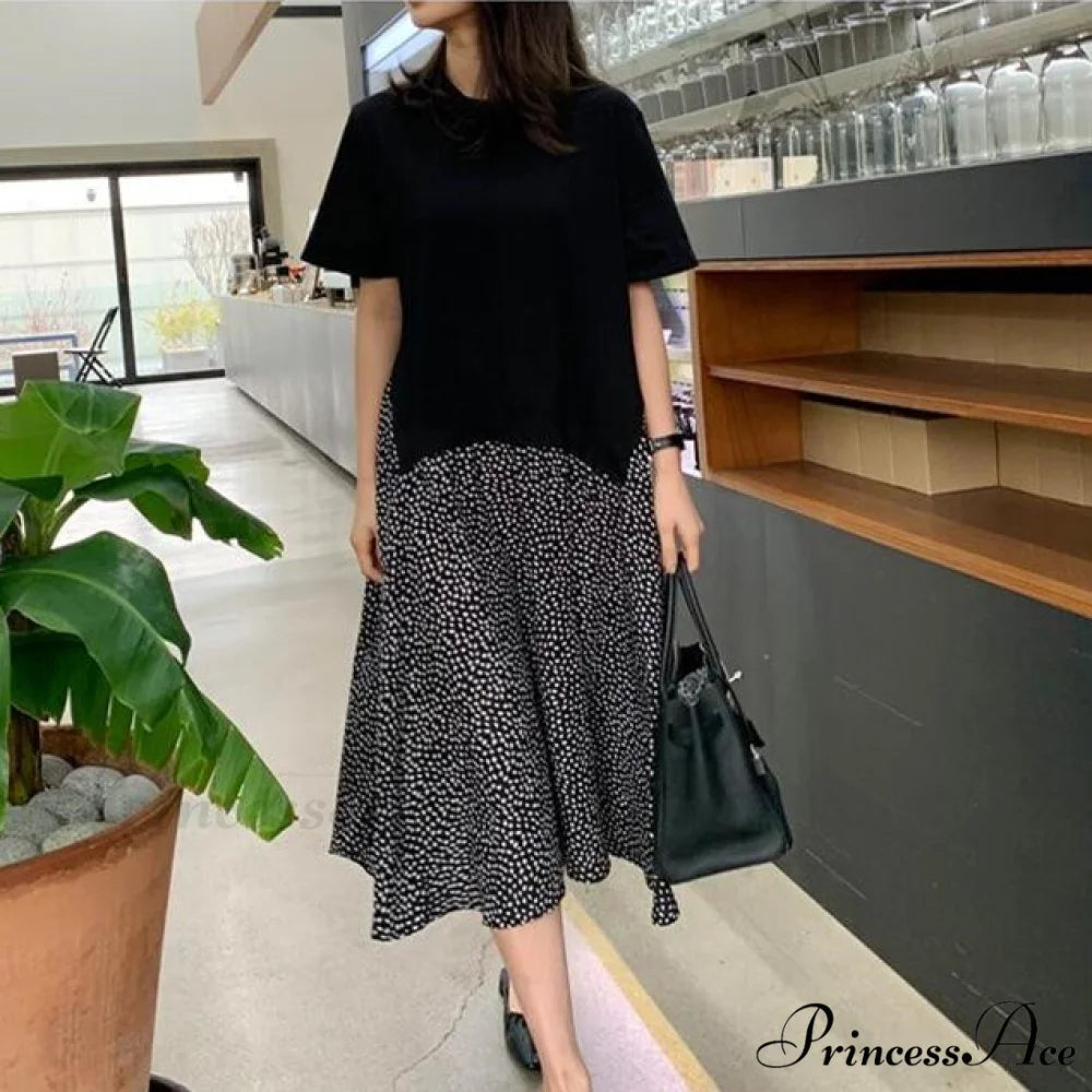 Autumn Size Gown Two Fake Gown Design Patchwork Piece T-Shirt Long Robe Arm Plus Women XL-5XL D08108R Black D / XL