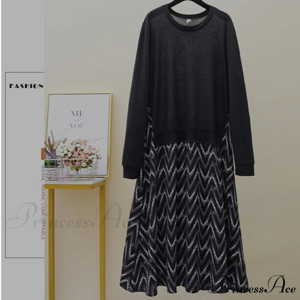 Autumn Size Gown Two Fake Gown Design Patchwork Piece T-Shirt Long Robe Arm Plus Women XL-5XL D08108R Black Wave B / XL