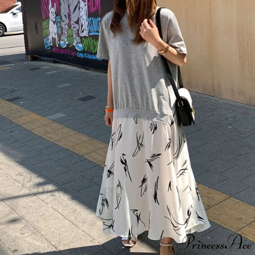 Autumn Size Gown Two Fake Gown Design Patchwork Piece T-Shirt Long Robe Arm Plus Women XL-5XL D08108R Grey C / XL