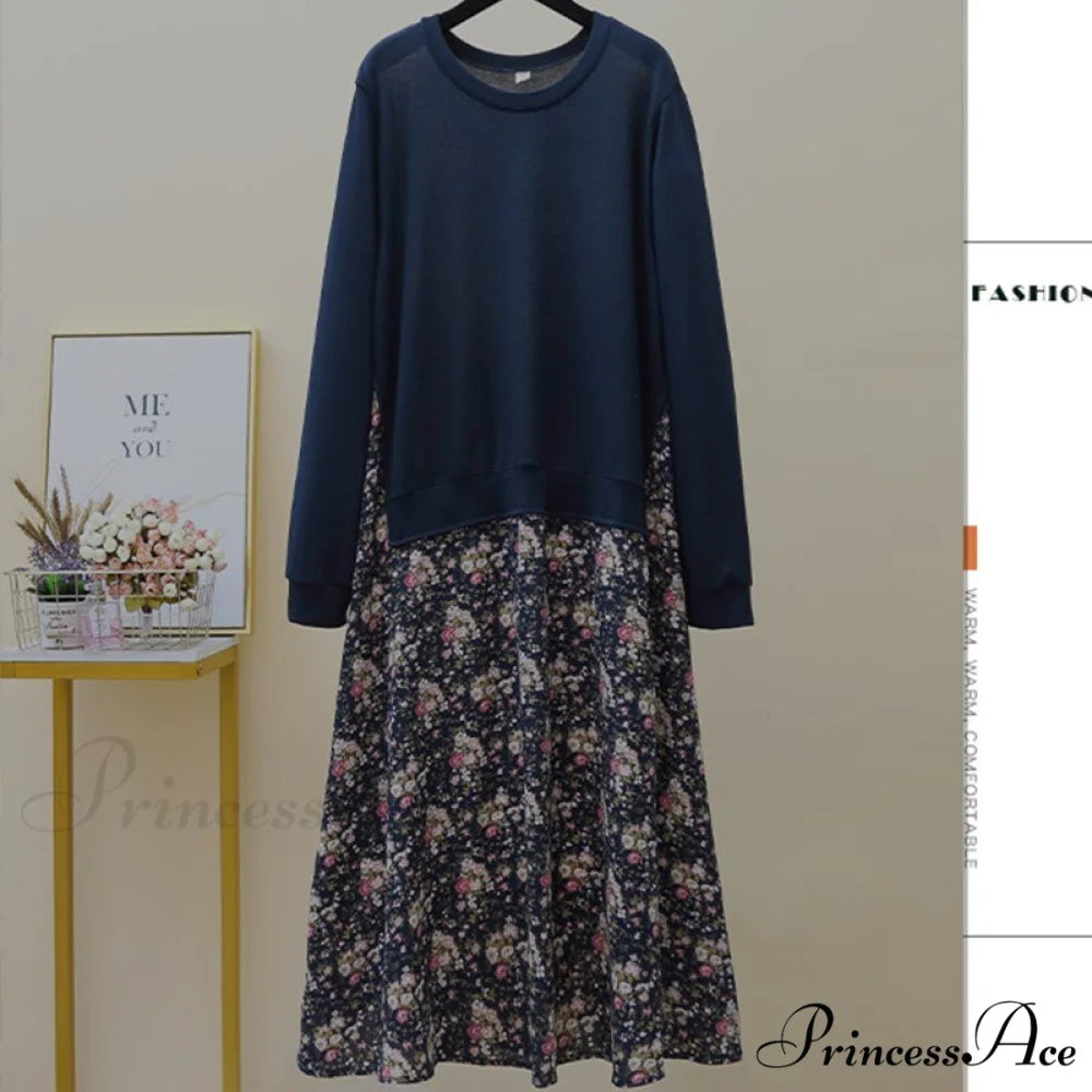 Autumn Size Gown Two Fake Gown Design Patchwork Piece T-Shirt Long Robe Arm Plus Women XL-5XL D08108R Navy Floral B