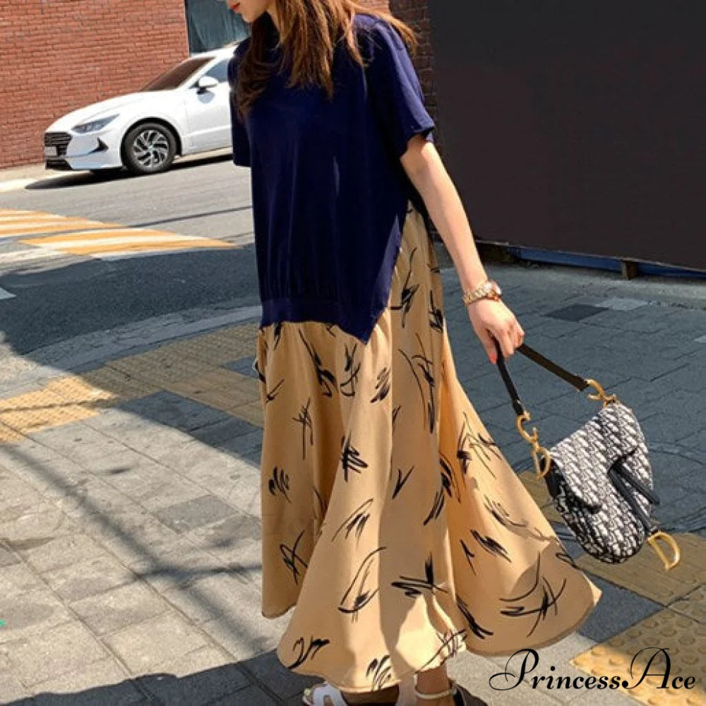 Autumn Size Gown Two Fake Gown Design Patchwork Piece T-Shirt Long Robe Arm Plus Women XL-5XL D08108R Navy Yellow C
