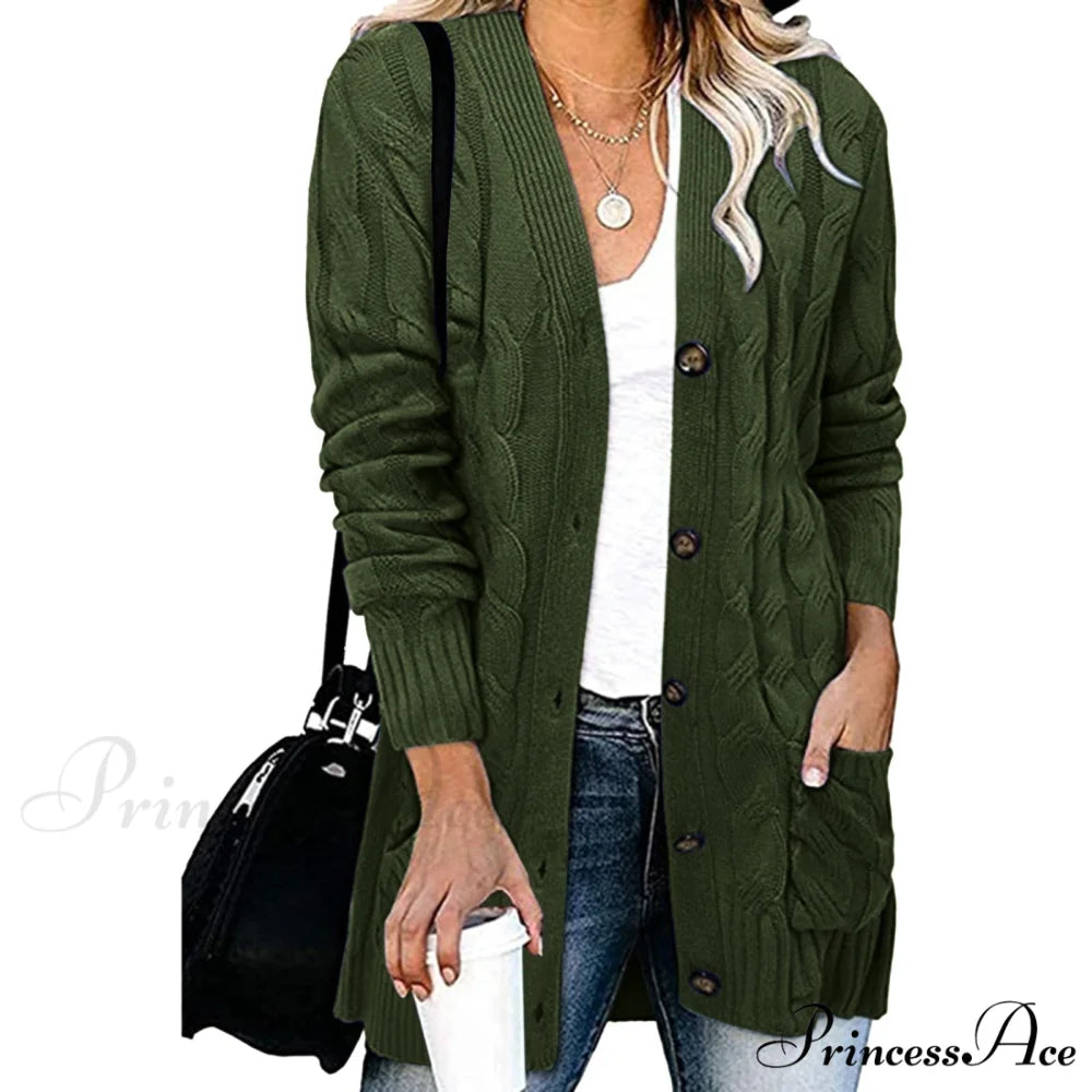 Autumn Solid Color Knitted Cardigan Cardigans Army Green / S