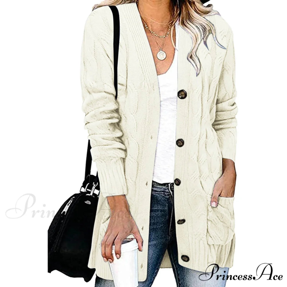 Autumn Solid Color Knitted Cardigan Cardigans Beige / S