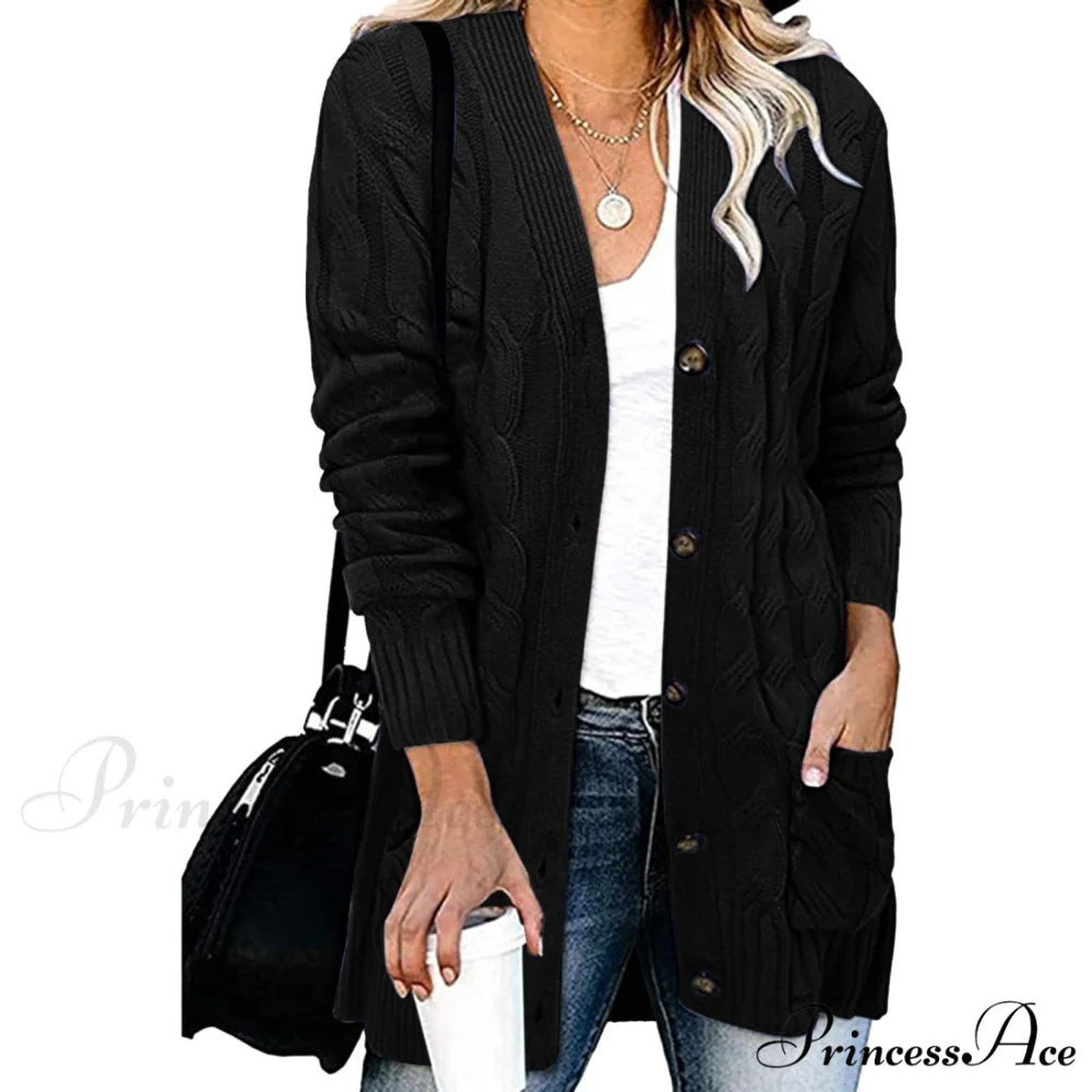 Autumn Solid Color Knitted Cardigan Cardigans Black / S