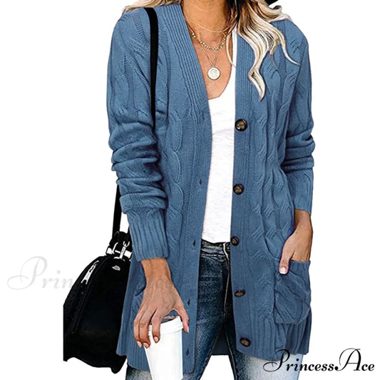 Autumn Solid Color Knitted Cardigan Cardigans Blue / S