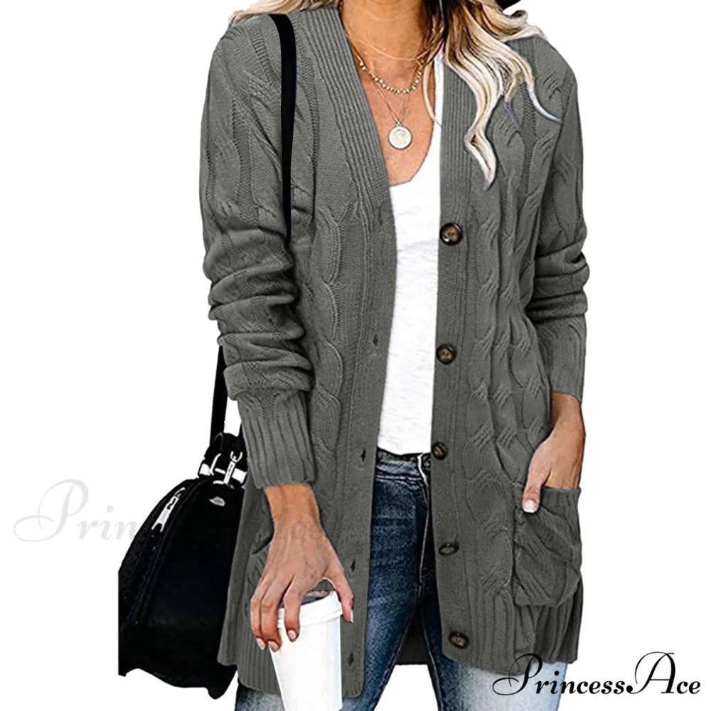 Autumn Solid Color Knitted Cardigan Cardigans Grey / S
