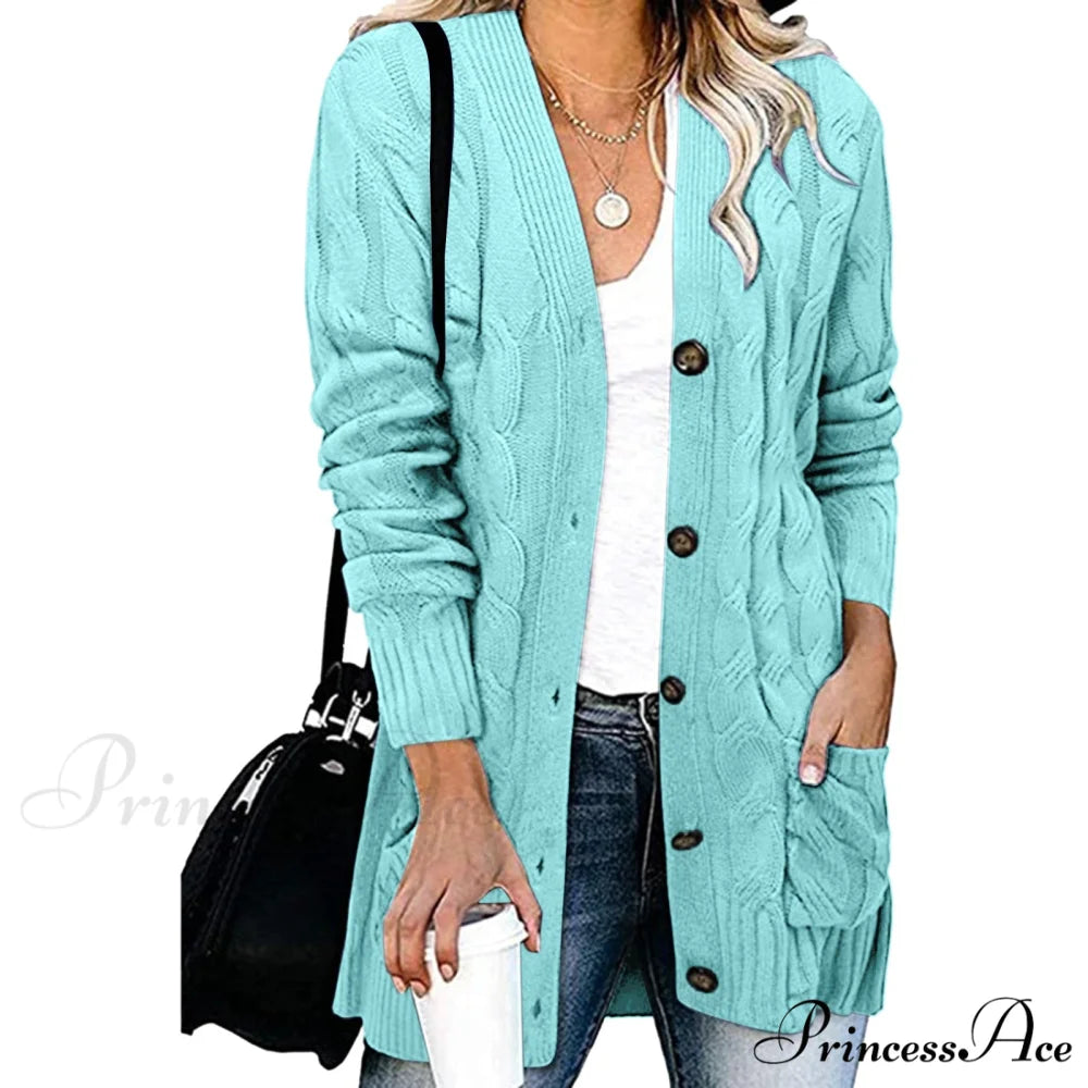 Autumn Solid Color Knitted Cardigan Cardigans Light Blue / S
