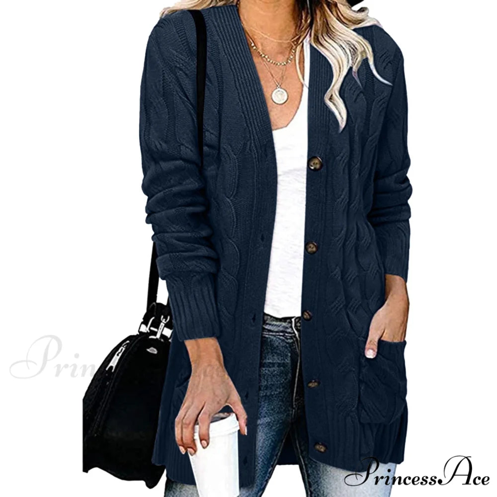 Autumn Solid Color Knitted Cardigan Cardigans Navy / S