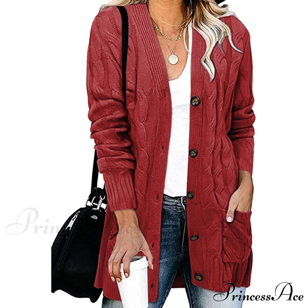 Autumn Solid Color Knitted Cardigan Cardigans Red / S