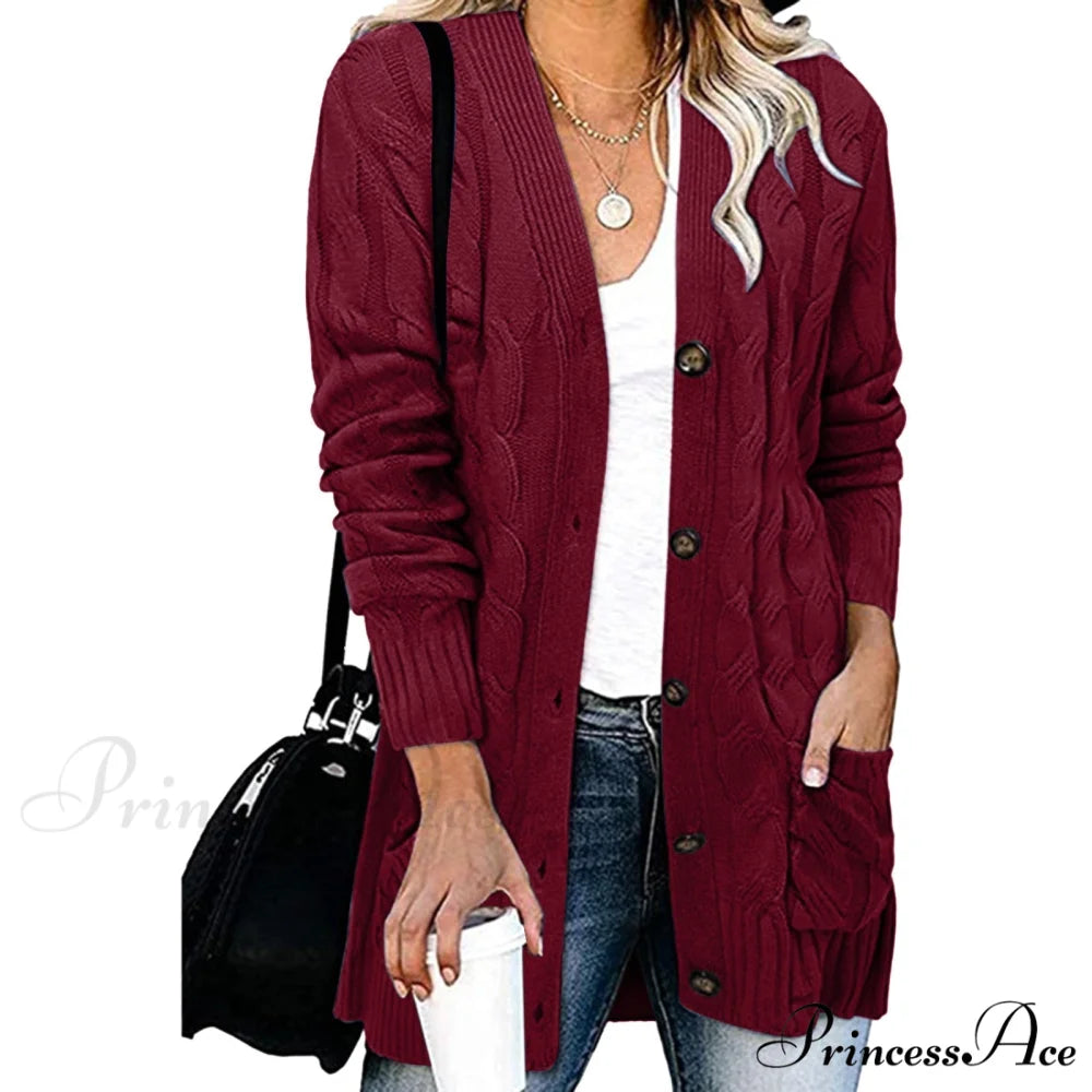Autumn Solid Color Knitted Cardigan Cardigans Wine / S