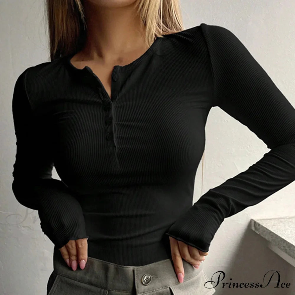 Autumn Spring Buttoned Long Sleeve Fitted Knitted Top Black3 / S knittop-250126