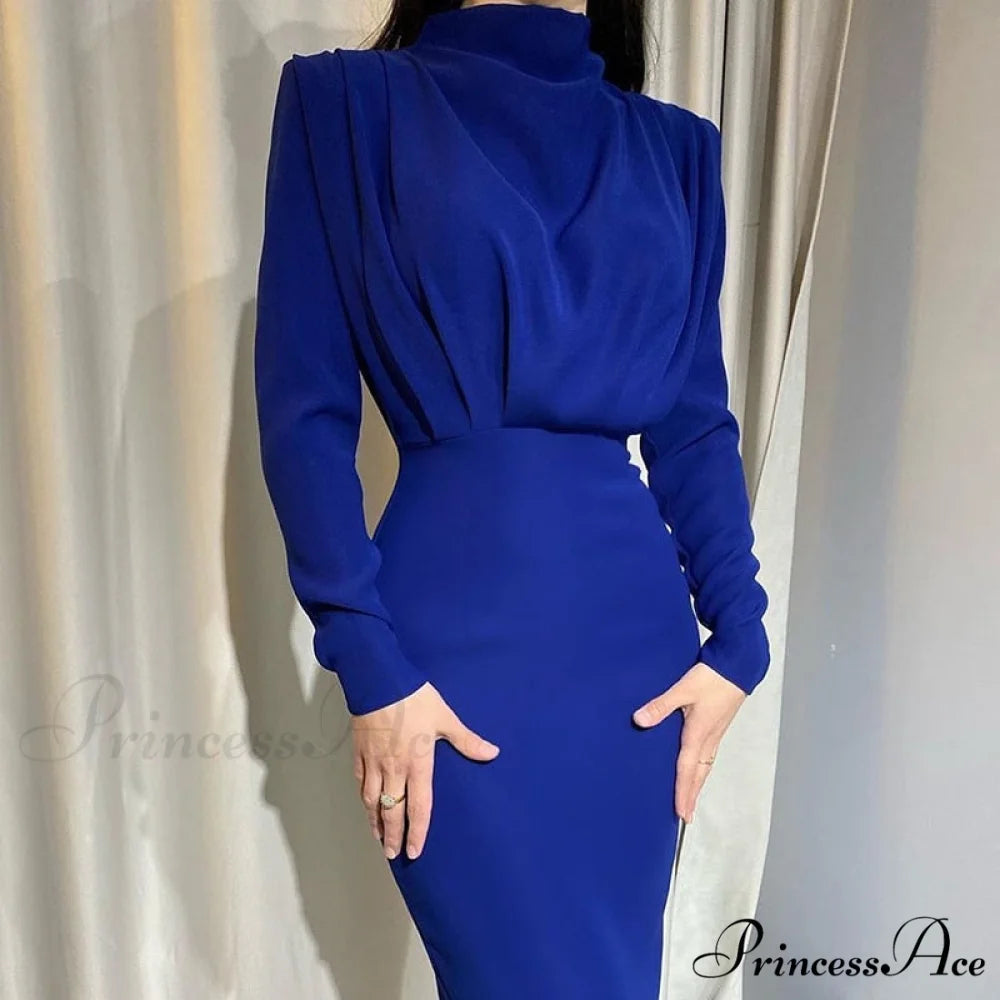 Autumn Stand Slim Party Waist Blue Arm Long Women’s Neckline InstaHot Ankle Solid Elegant Length Dress Deep Blue / S