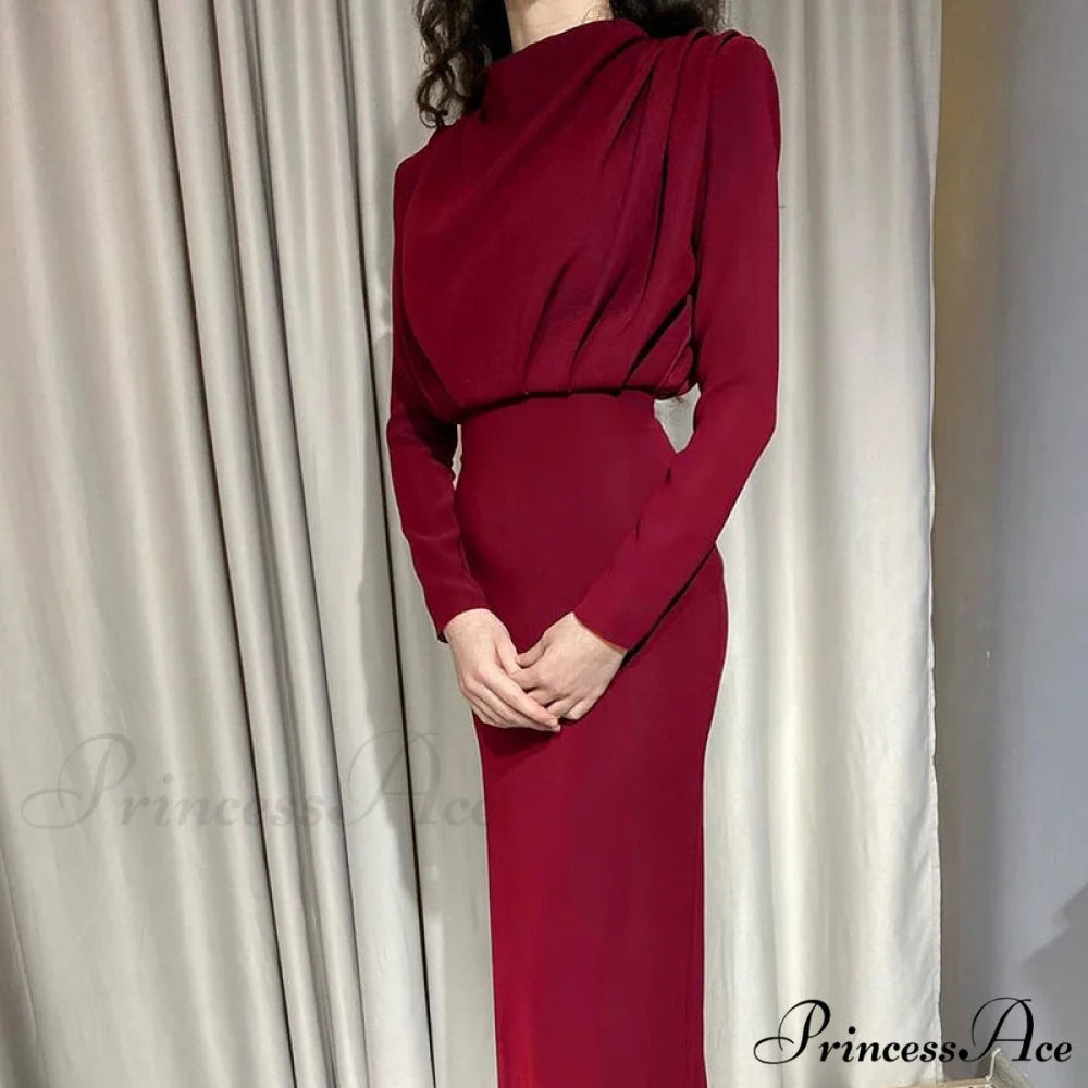 Autumn Stand Slim Party Waist Blue Arm Long Women’s Neckline InstaHot Ankle Solid Elegant Length Dress Red / S