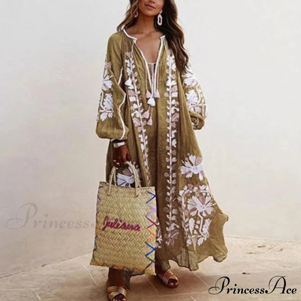 Autumn Vintage Long Lantern Sleeve Ladies Dresses beige / S