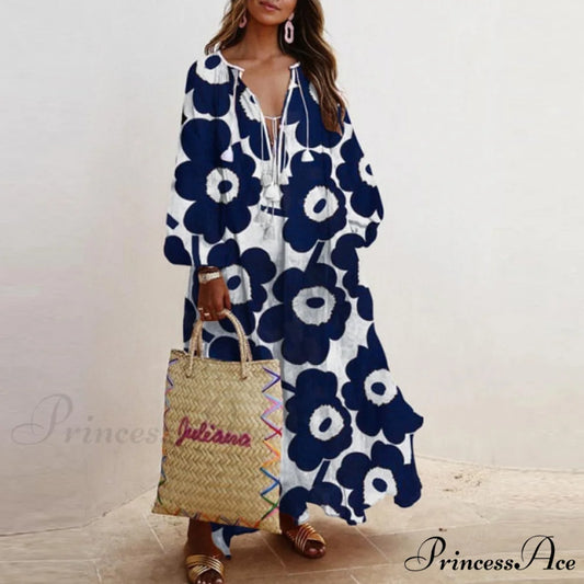 Autumn Vintage Long Lantern Sleeve Ladies Dresses blue / S