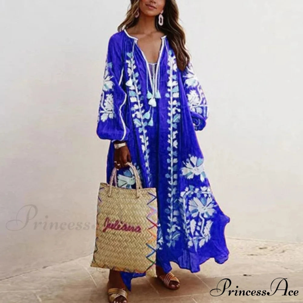 Autumn Vintage Long Lantern Sleeve Ladies Dresses dark blue / S