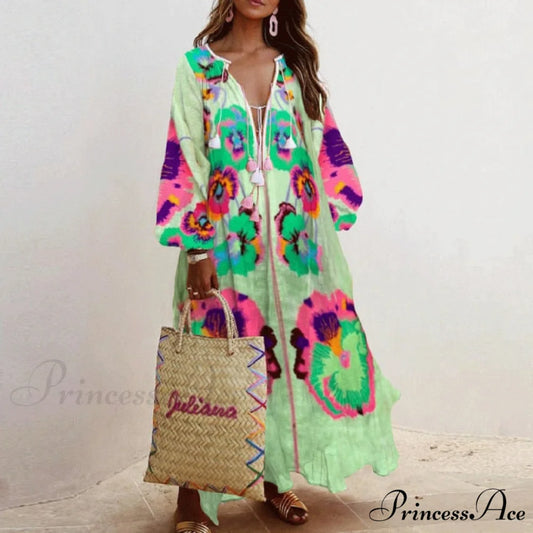 Autumn Vintage Long Lantern Sleeve Ladies Dresses green / S